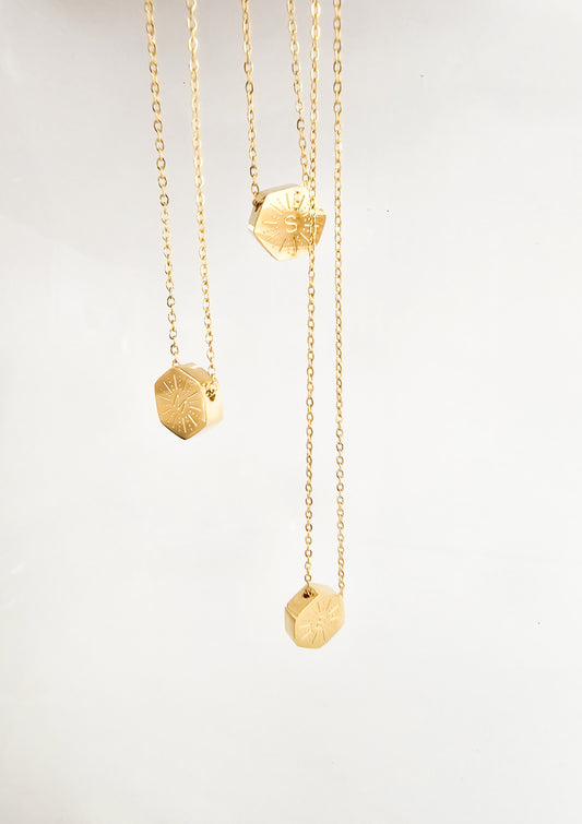 Hexagon initial necklace gold